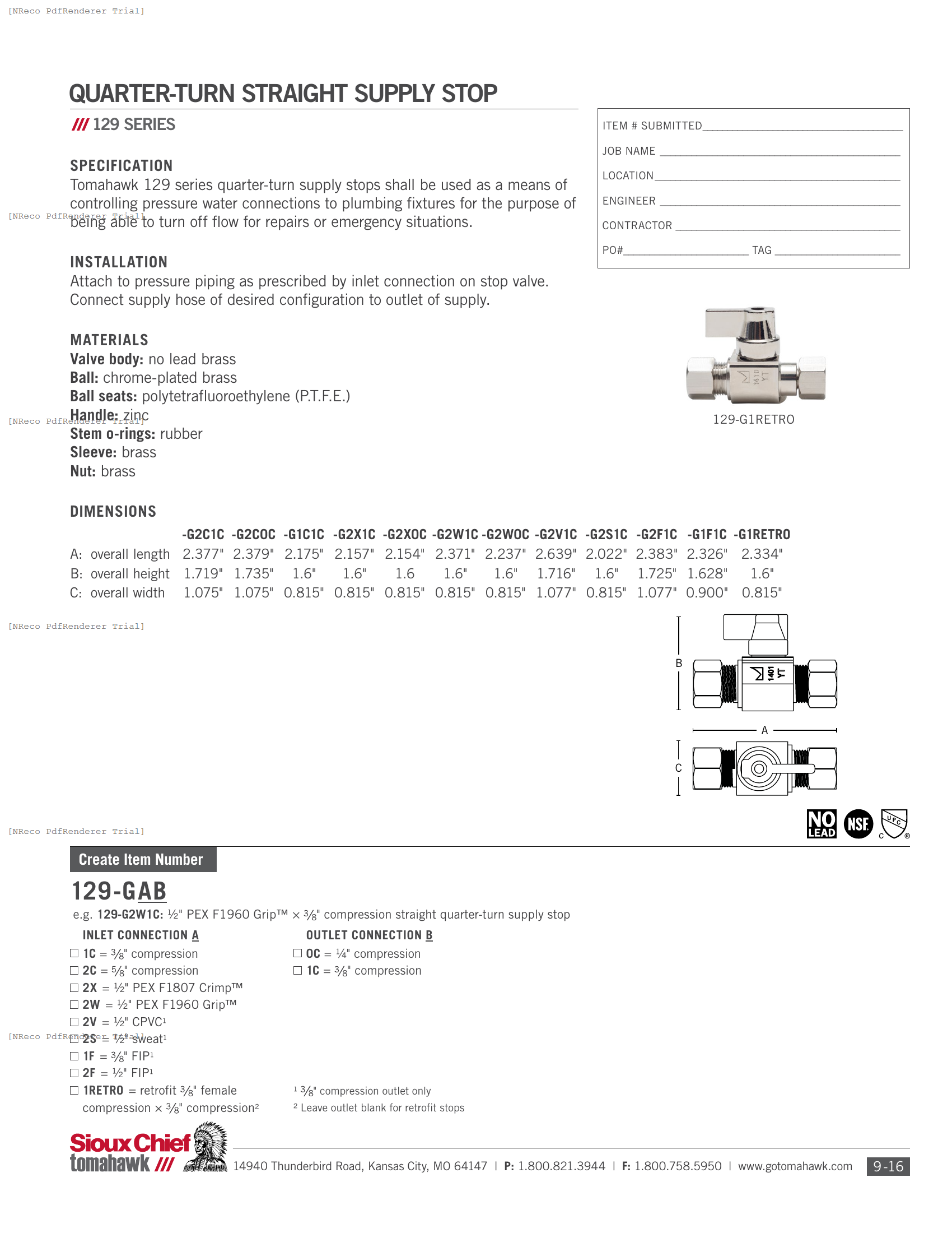 129 SERIES - QUARTER-TURN STRAIGHT SUPPLY STOP - SPEC SHEET.PDF Specification Document